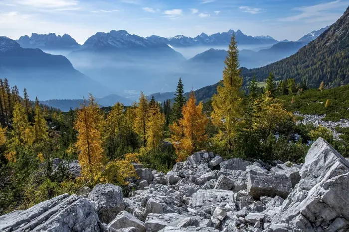 Framed Print : Autumn landscape with mountain peaks of the Dolomites