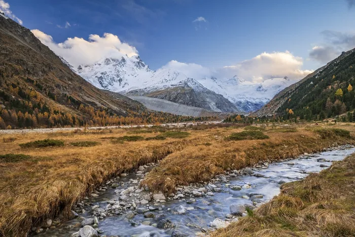 Framed Print : Autumn landscape in Val Roseg, snow-covered mountains