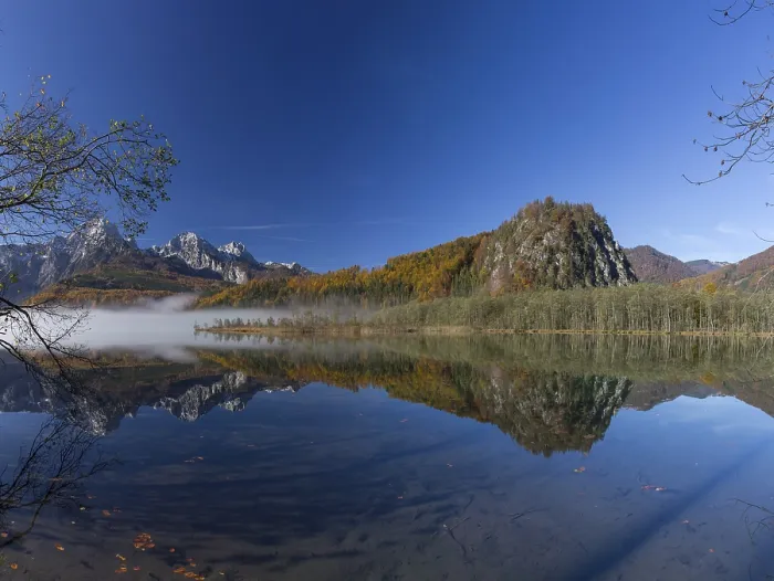 Framed Print : Autumn mood at lake Almsee, Gruenau