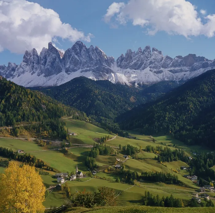 Framed Print : Autumn in the Villnoss valley with the chapel Saint Magdalena