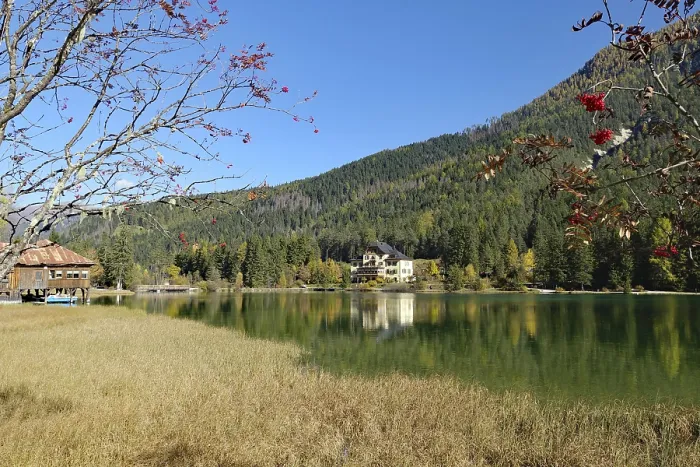 Framed Print : Autumnal alpine lake with clear water