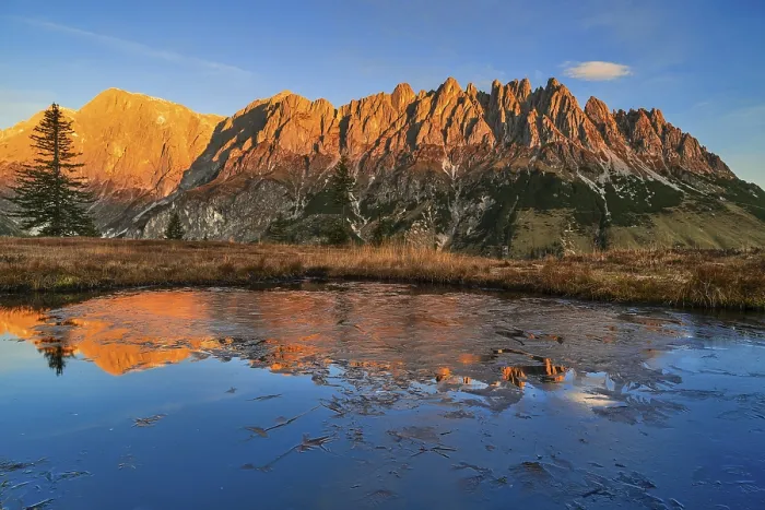 Framed Print : Autumnal alpine pasture at sunrise