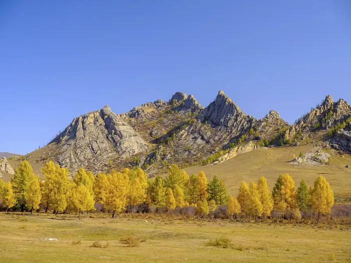 Framed Print : Autumnal colored trees and rocks in Gorky Terelj National Park