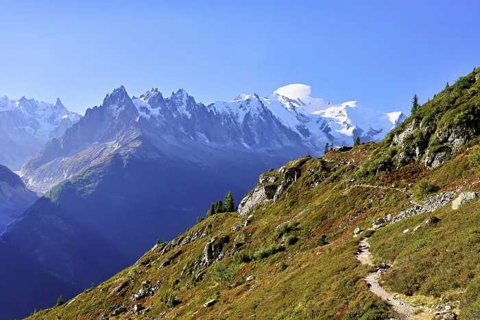 Framed Print : Autumnal landscape with snow-covered Mont Blanc massif in the background