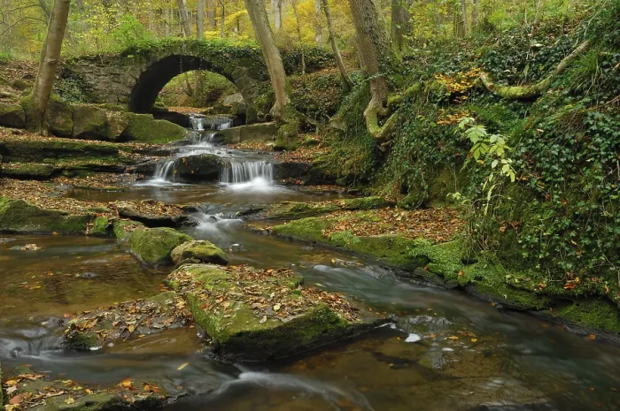 Framed Print : Autumnal mountain stream, old stone bridge