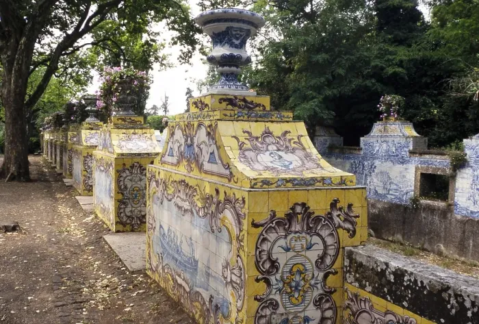 Framed Print : Azulejos, traditional Portuguese tiles, gardens in the National Palace of Queluz, Sintra, near Lisbon, Portugal, Europe