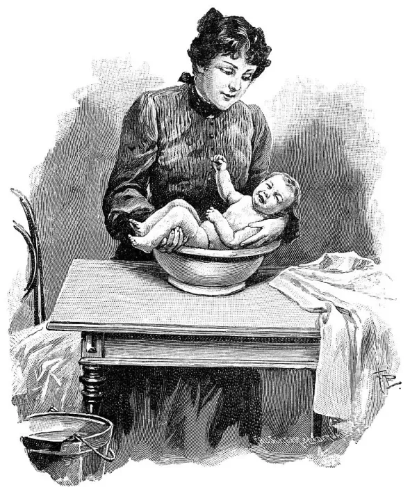 Framed Print : Baby having a sitz bath, historical illustration from: Anna Fischer Dueckelmann