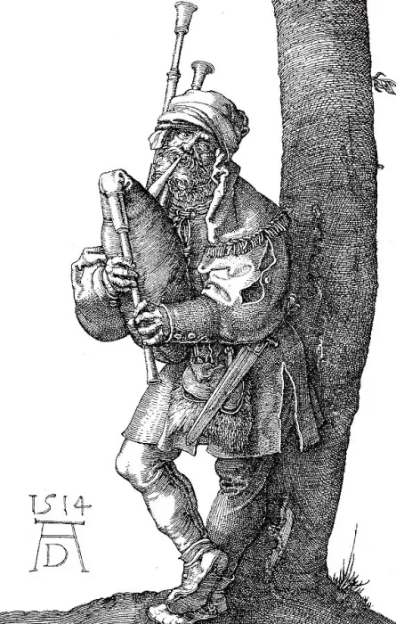 Framed Print : Bagpipe, bagpiper, copperplate engraving by Albrecht Duerer