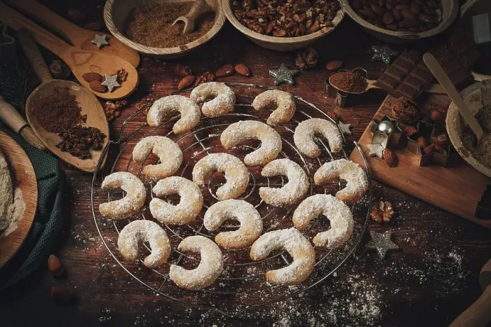 Framed Print : Baked vanilla crescents on a cake rack Framed Print : Baked vanilla crescents on a cake rack