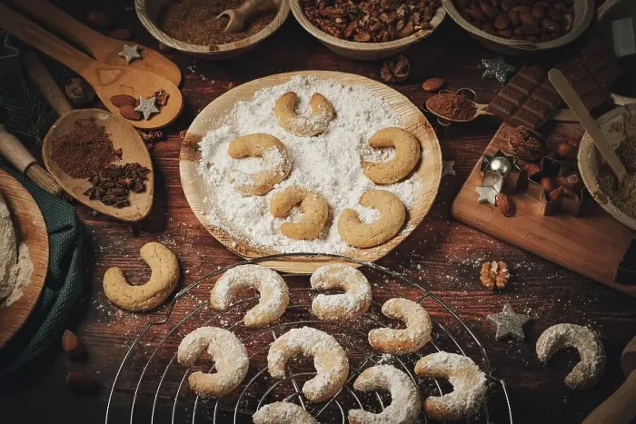 Framed Print : Baked vanilla crescents on a cake rack and in icing sugar Framed Print : Baked vanilla crescents on a cake rack and in icing sugar