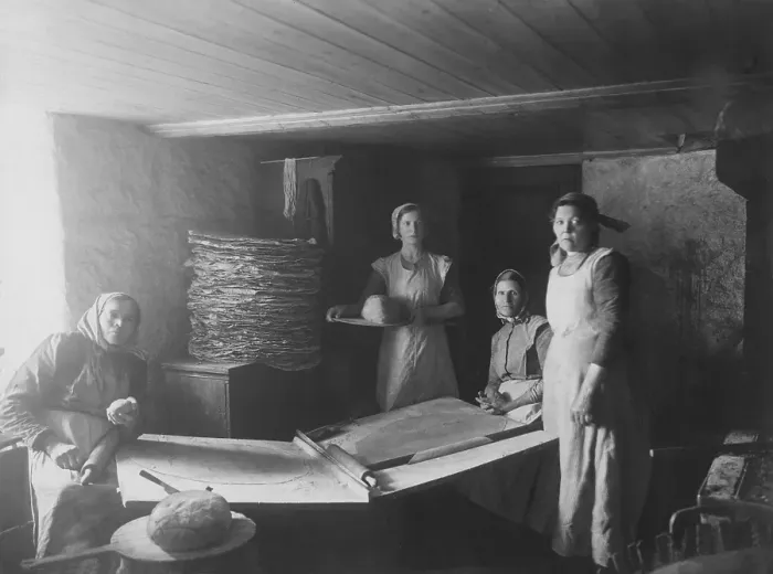 Framed Print : Baking bread 1917. Interior of a room with women baking bread Framed Print : Baking bread 1917. Interior of a room with women baking bread