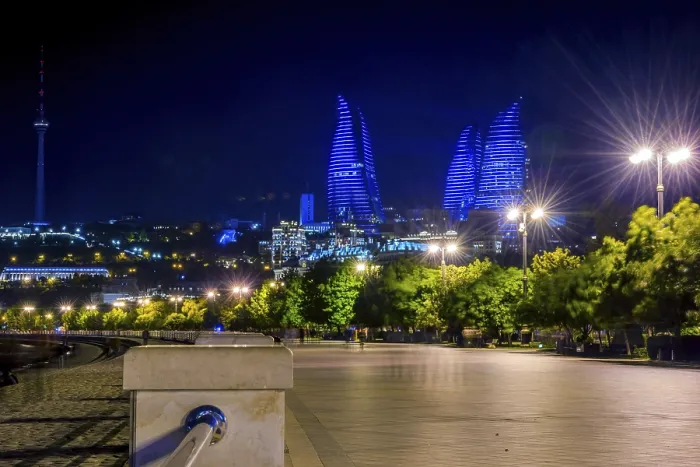 Framed Print : Baku downtown and flame towers illuminated at night