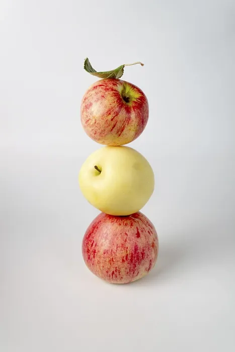Framed Print : A balance of red and yellow apples on white