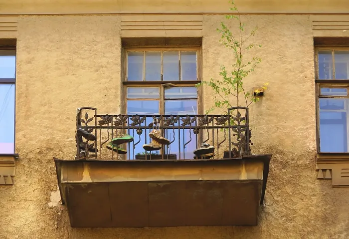 Framed Print : Balcony and a fragment of the facade in the Modernist style on Chkalovsky Prospekt in St