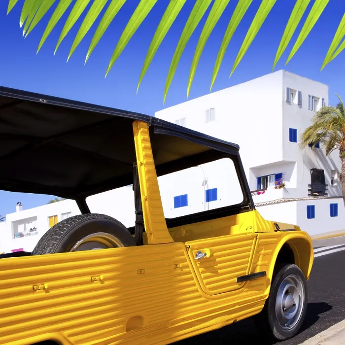 Framed Print : Balearic Formentera island La savina with orange vintage convertible car