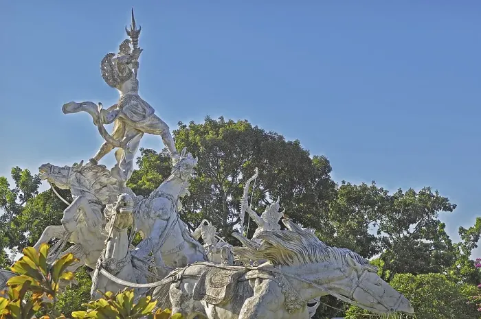 Framed Print : Balinese stone mythology figures on horse statues, Denpasar, Bali, Indonesia, Asia
