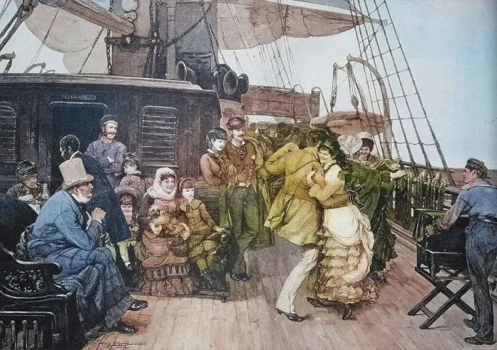 Framed Print : Ball on board a sailing ship, couple dancing Framed Print : Ball on board a sailing ship, couple dancing