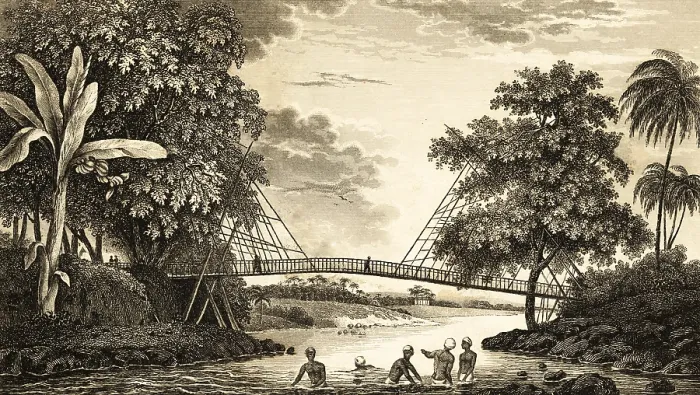 Framed Print : Bamboo cane suspension bridge in the tropics