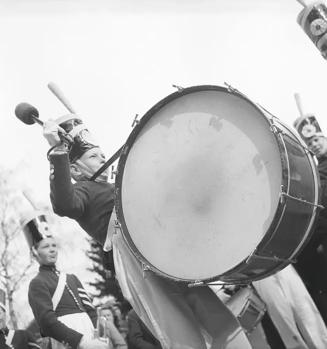 Framed Print : Band in the 1940s. A boy playing the drum in the band that parades the street. Sweden 1940 Kristoffersson ref 121-19