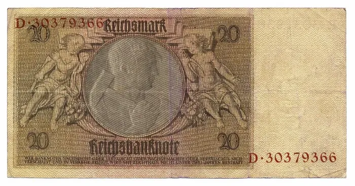 Framed Print : Back of banknote, Reichsbank, value 20 Reichmarks Framed Print : Back of banknote, Reichsbank, value 20 Reichmarks