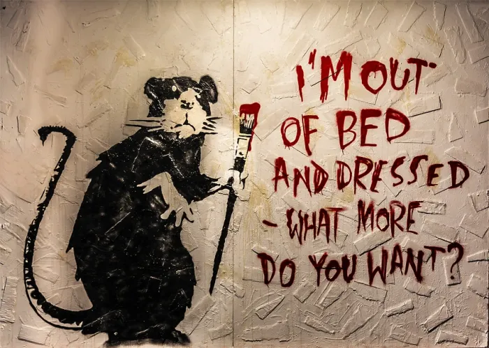 Framed Print : Banksy - Out of Bed Rat, Frustration of the inviduum against the burden of daily life