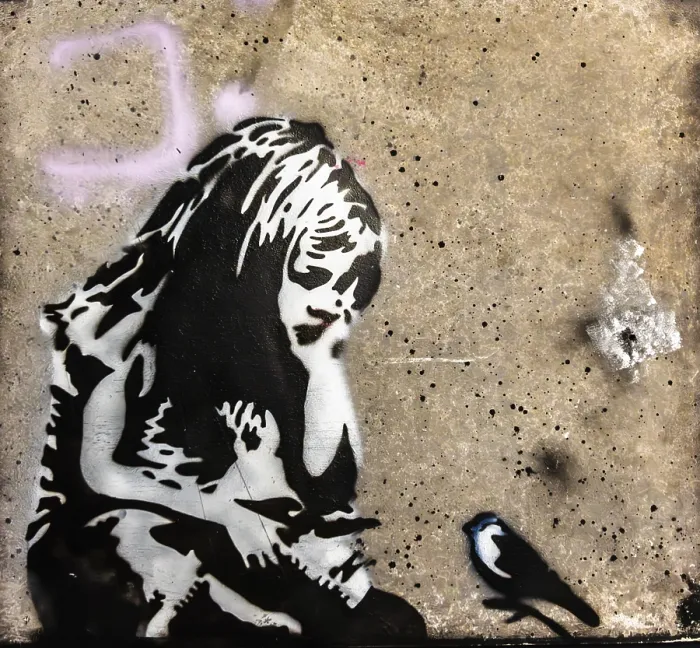 Framed Print : Banksy - Girl and Bird, Exhibition The World of Banksy