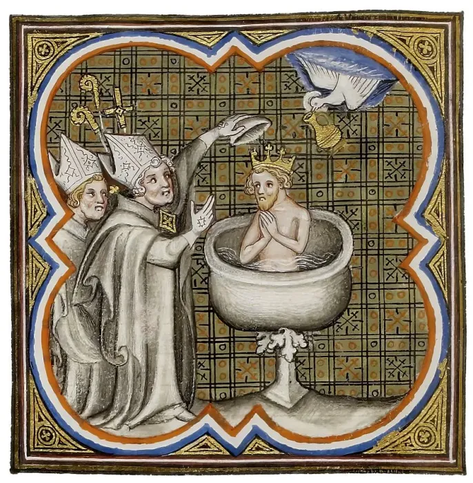 Framed Print : Baptism of Clovis by Saint Remigius, cathedral of Reims, 496, Clovis, Chlodovechus, Chlodwig I. Chlodowech, 466-511, King of the Franks of the Merovingian dynasty
