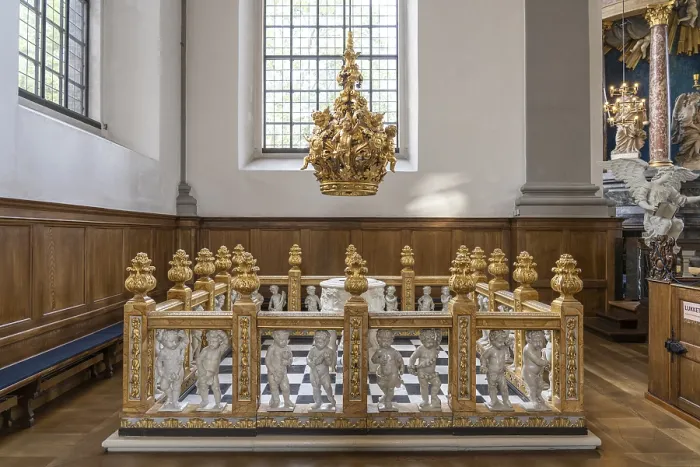 Framed Print : Baptismal font in the interior of the Evangelical Lutheran Church of the Saviour in front of Frelsers Kirke