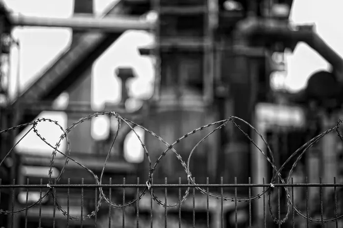 Framed Print : Barbed wire fence, former Phoenix West steelworks
