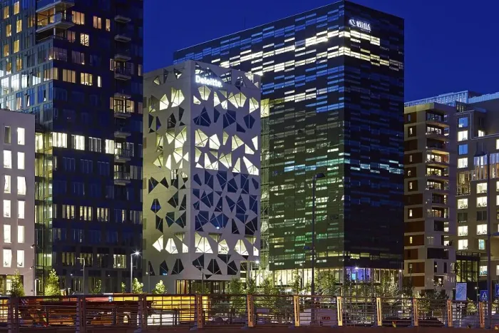 Framed Print : Barcode Project buildings at night