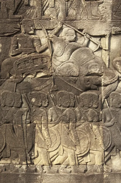 Framed Print : Bas-relief of elephant and soldiers in Khmer temple Bayon Framed Print : Bas-relief of elephant and soldiers in Khmer temple Bayon
