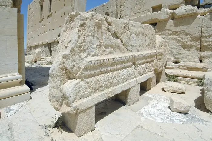 Framed Print : Bas-reliefs on marble in the Temple of Bel in the ancient city of Palmyra