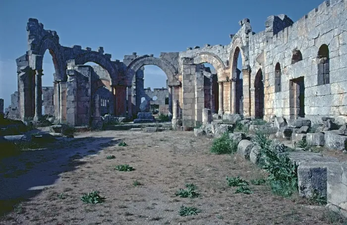 Framed Print : Basilicas, column base in the centre, Monastery of Saint Simeon Stylites, Qalʿat Simʿan, near Aleppo, Syria, May 1987, vintage, retro, old, historical, Asia Framed Print : Basilicas, column base in the centre, Monastery of Saint Simeon Stylites, Qalʿat Simʿan, near Aleppo, Syria, May 1987, vintage, retro, old, historical, Asia