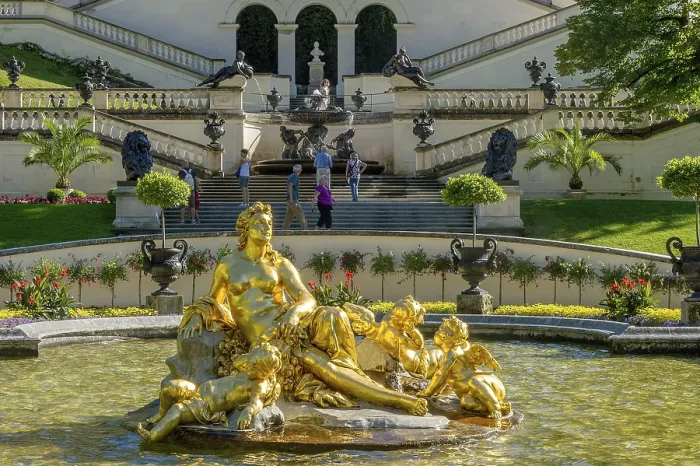 Framed Print : Basin, water basin with flora fountain in gold