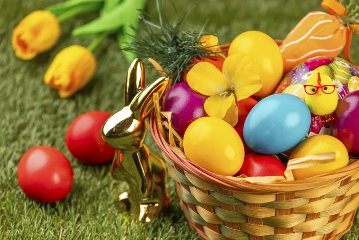 Framed Print : A basket with colorful eggs, flowers and Easter decoration in a meadow