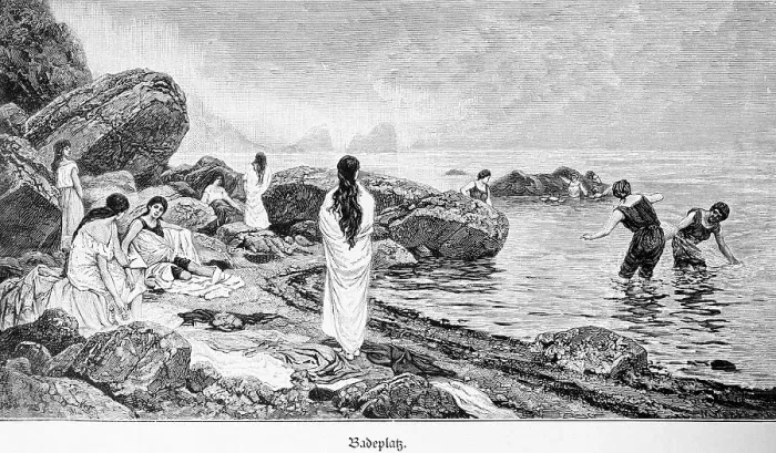 Framed Print : Bathing in the Atlantic Ocean, woman