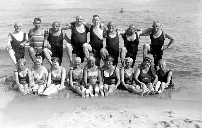 Framed Print : Bathing group on the beach, funny Framed Print : Bathing group on the beach, funny