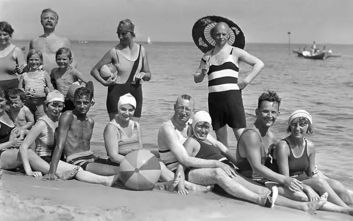Framed Print : Bathing group on the beach, funny Framed Print : Bathing group on the beach, funny