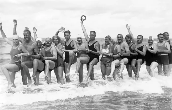 Framed Print : Bathing group on the beach, funny Framed Print : Bathing group on the beach, funny