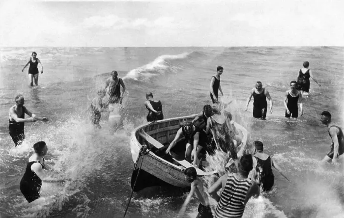 Framed Print : Bathing group on the beach, funny