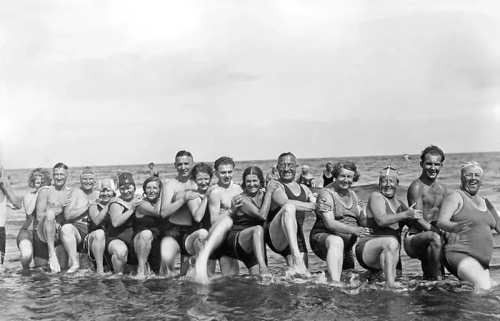 Framed Print : Bathing group on the beach, funny Framed Print : Bathing group on the beach, funny