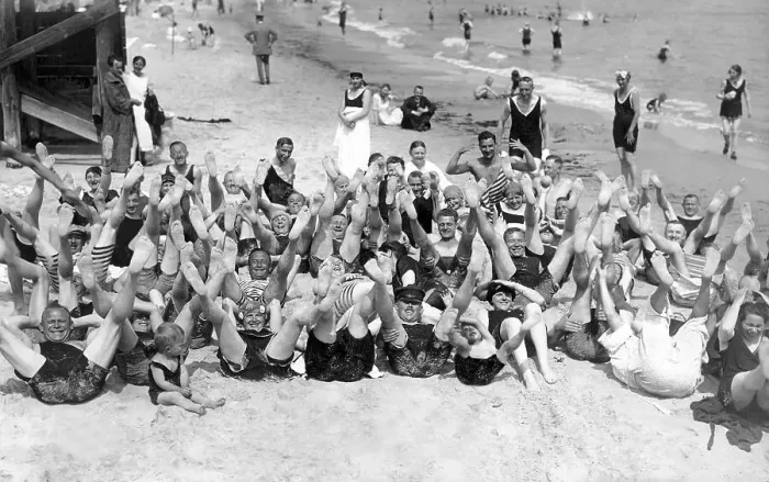 Framed Print : Bathing group on the beach, funny