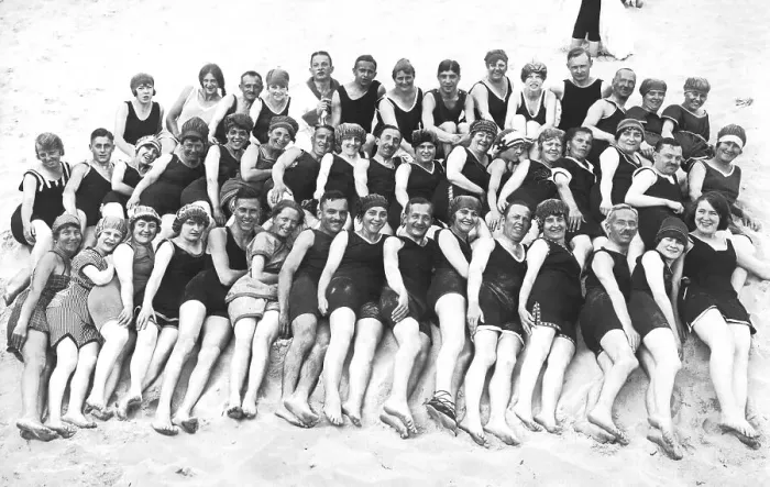 Framed Print : Bathing group on the beach, funny Framed Print : Bathing group on the beach, funny