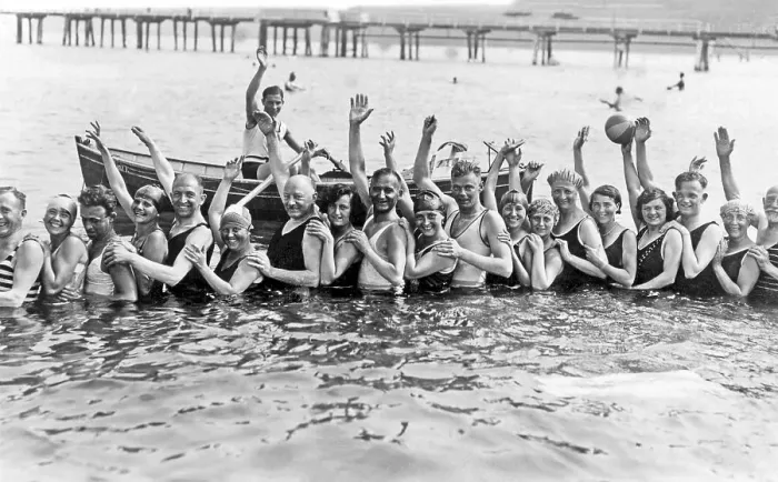 Framed Print : Bathing group on the beach, funny Framed Print : Bathing group on the beach, funny