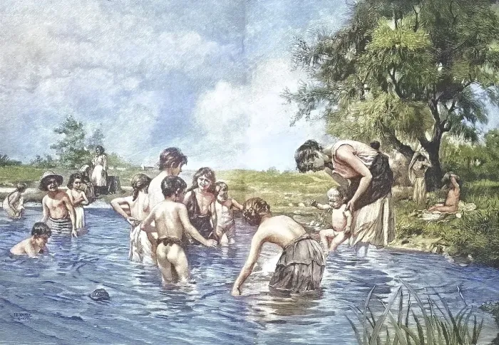 Framed Print : Bathing in a river, open-air swimming pool Framed Print : Bathing in a river, open-air swimming pool