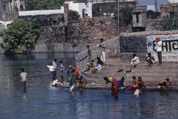 Framed Print : Bathing, washing at ghats of River Chambal