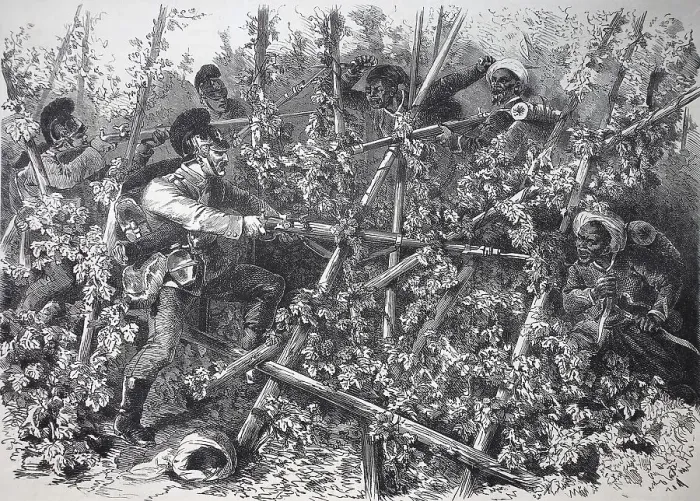 Framed Print : Battle of Bavarian infantry with Turcos and Znaben in the hop fields near Weissenburg