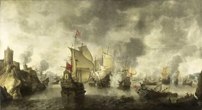 Framed Print : Battle of the combined Venetian and Dutch fleets against the Turks in the Bay of Foya