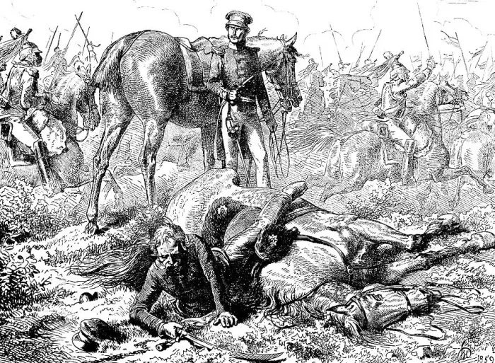 Framed Print : Battle of Ligny 1815, the Prussian commander Field Marshal Bluecher falls from his wounded horse