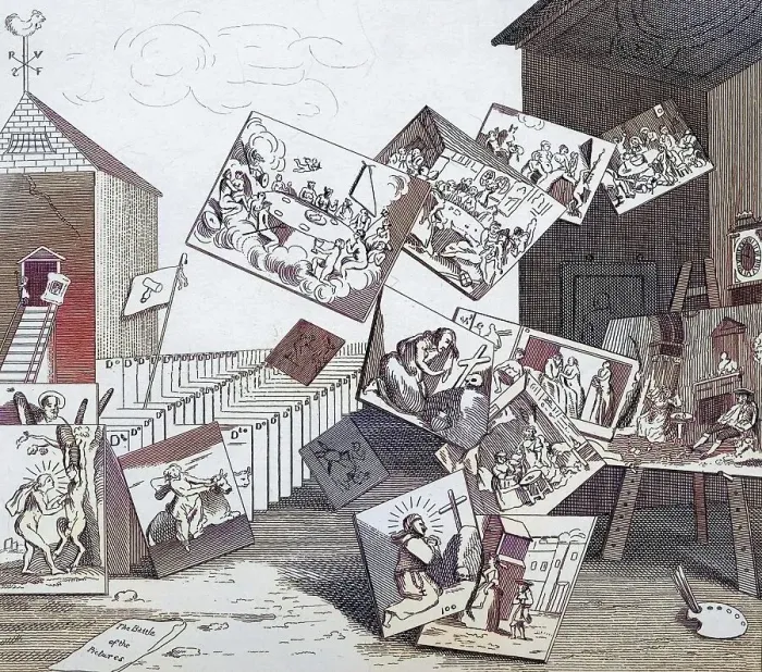 Framed Print : The Battle of the Pictures From The Works of Hogarth published London 1833 Framed Print : The Battle of the Pictures From The Works of Hogarth published London 1833